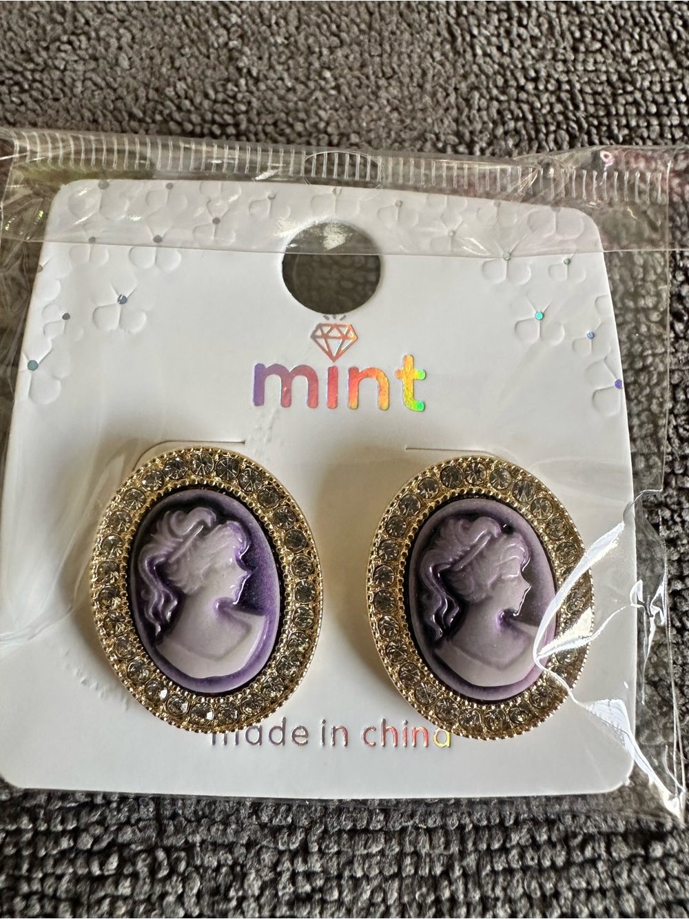 Mint Purple Cameo Earrings with Gold Rhinestone Halo